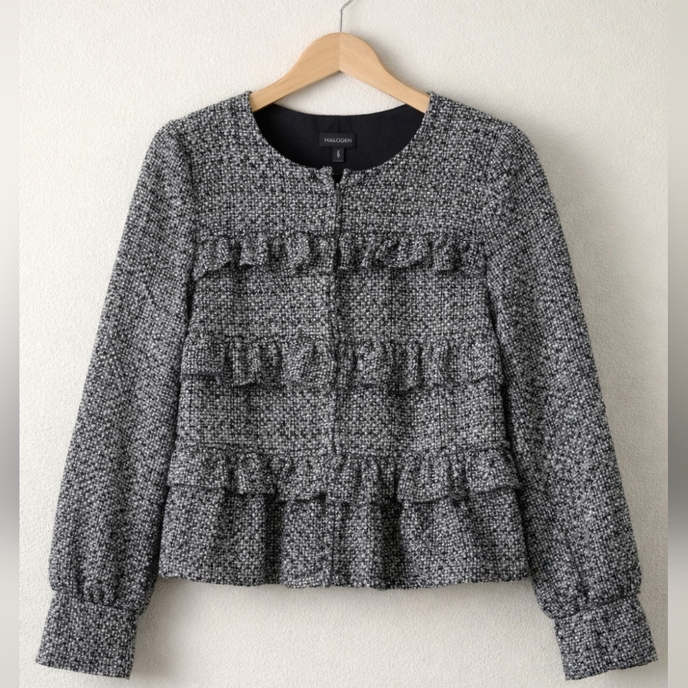 Halogen Tweed Peplum Jacket Ruffle Detail Women’s XL Black Gray